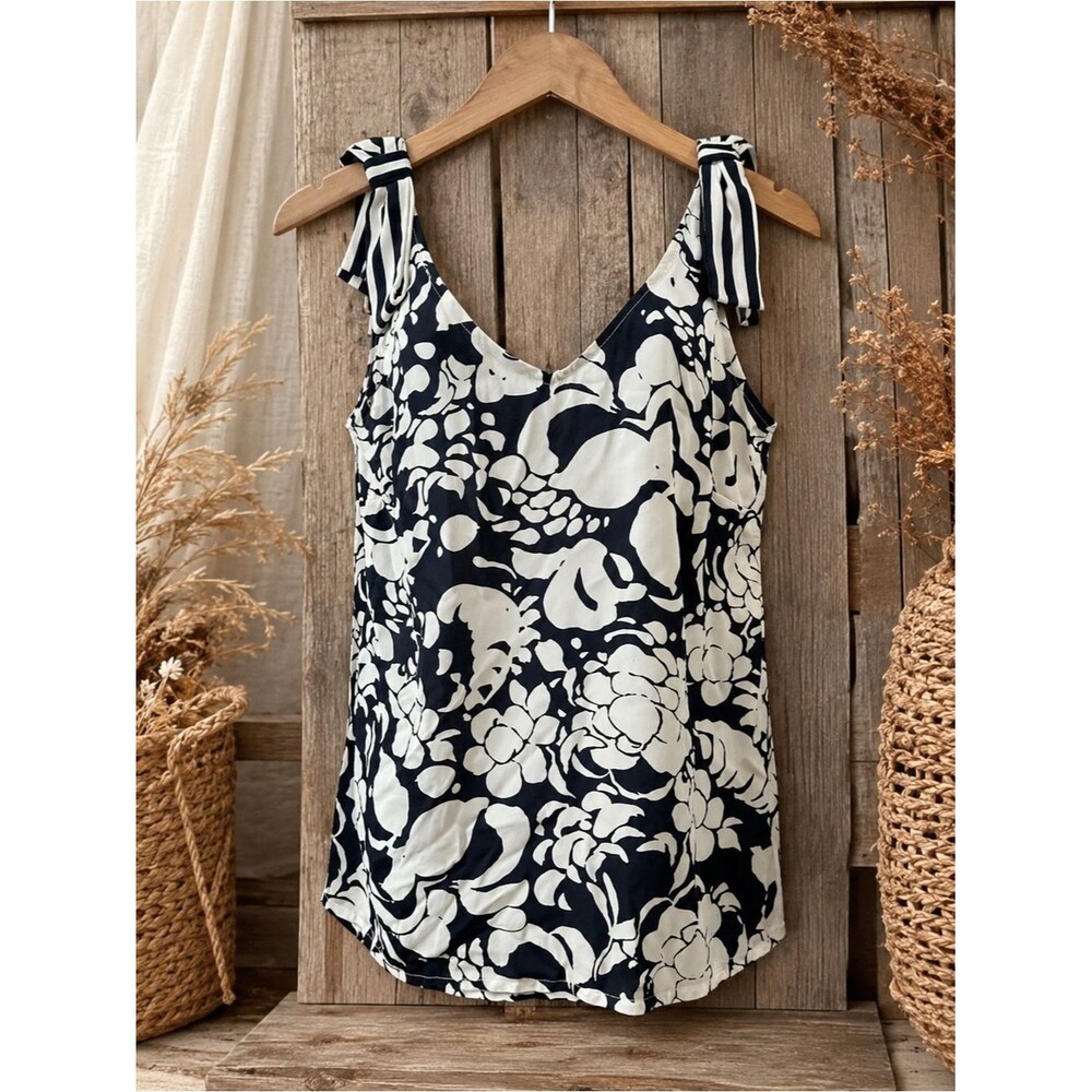Cabi by Anthropologie Sleeveless Top Medium Shoulder Tie Floral Navy White
